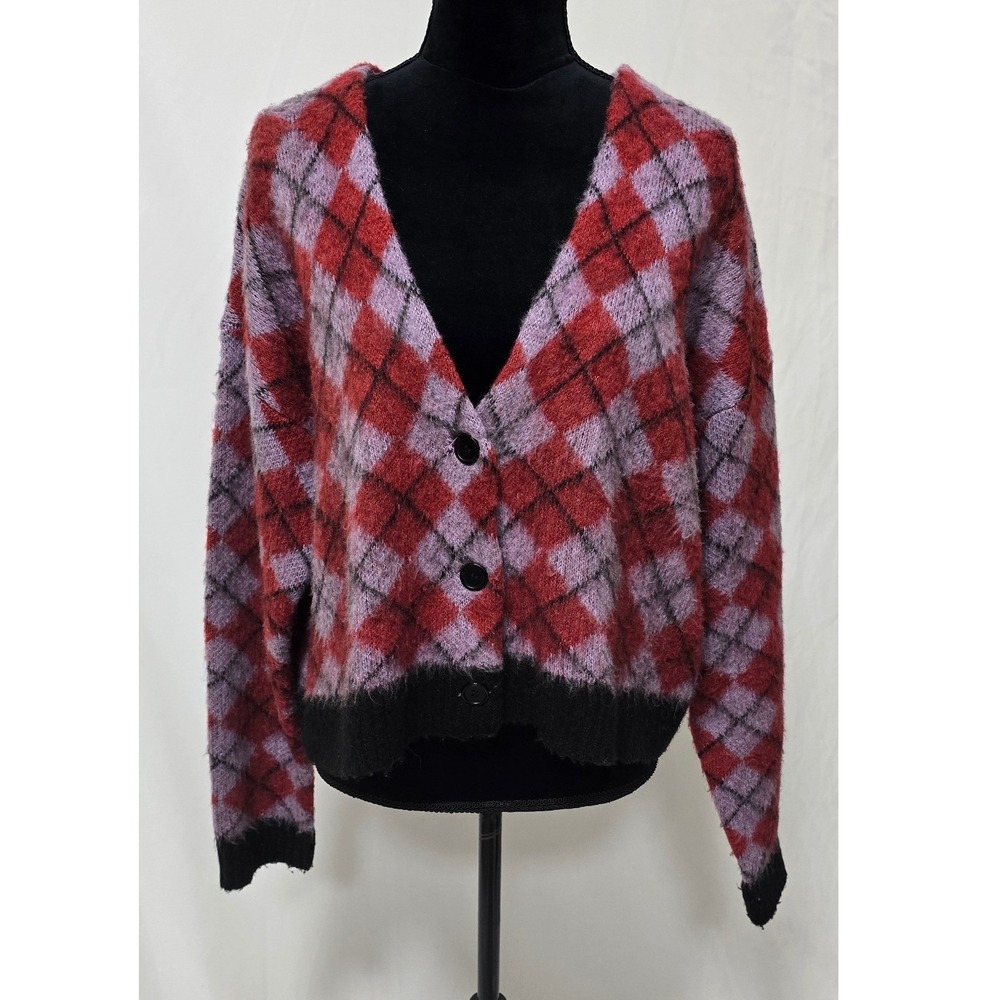 The Ragged Priest Meddler Fuzzy Argyle cardigan v-neck sweater women L Indie